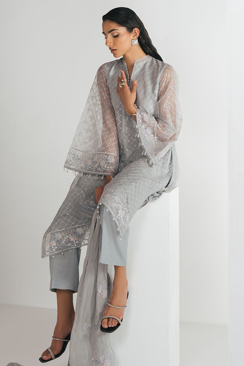 SILVER MOONLIGHT-4PC EMBROIDERED ORGANZA SUIT