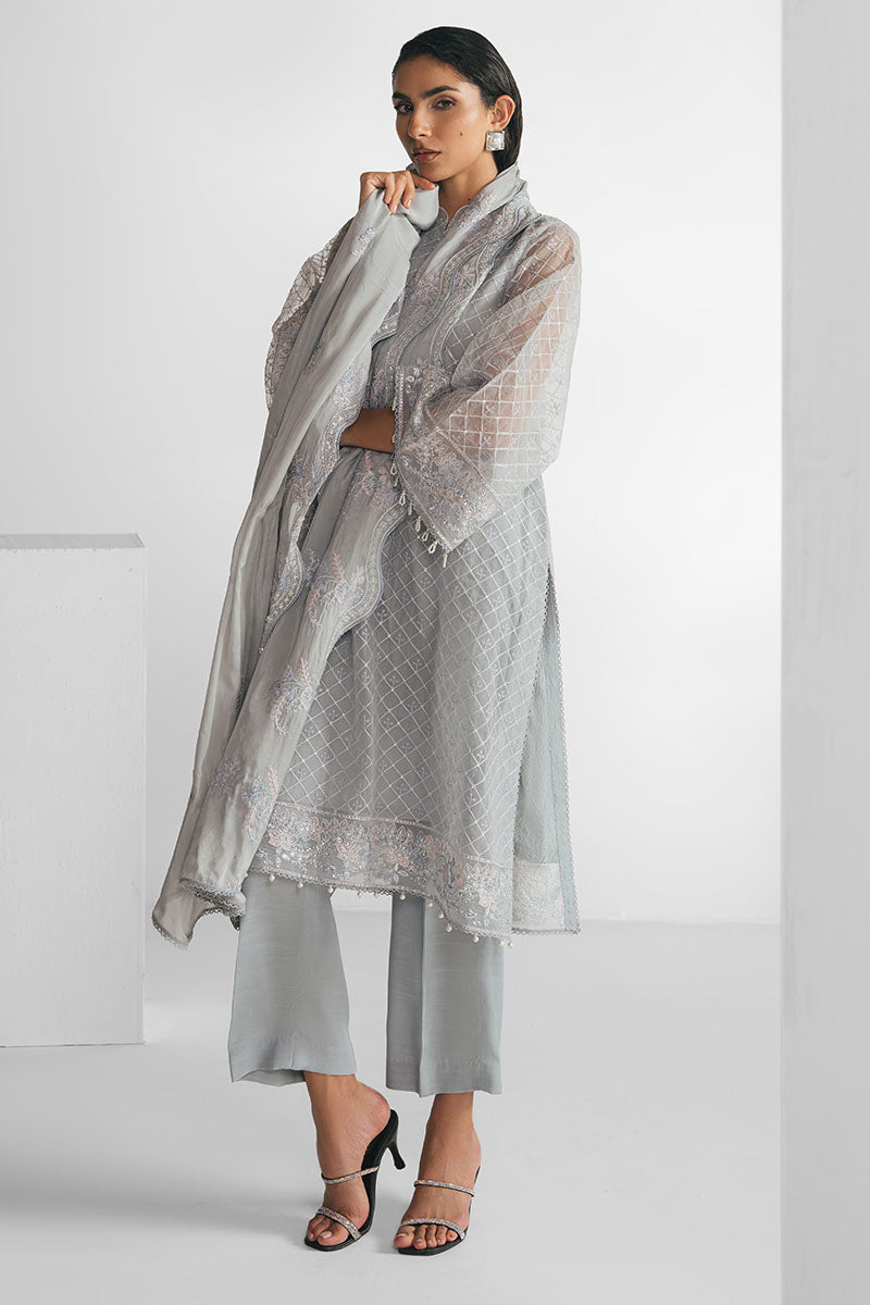SILVER MOONLIGHT-4PC EMBROIDERED ORGANZA SUIT