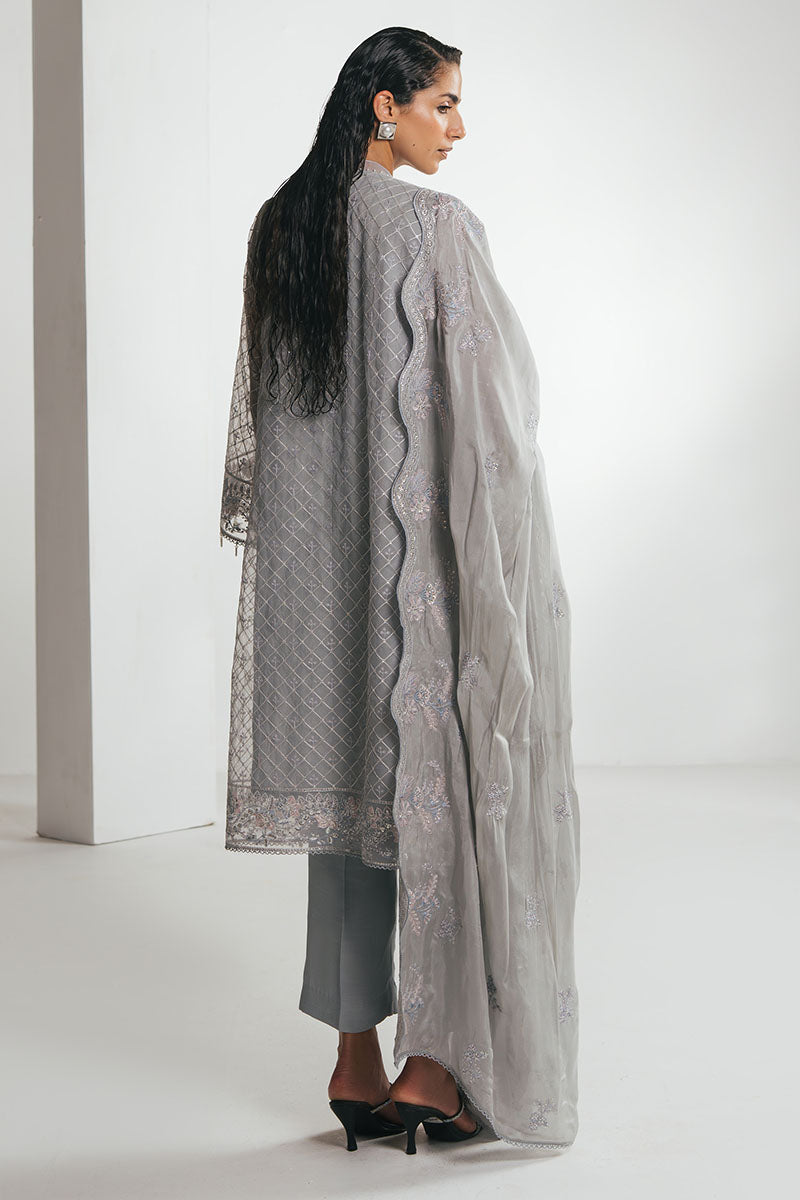 SILVER MOONLIGHT-4PC EMBROIDERED ORGANZA SUIT