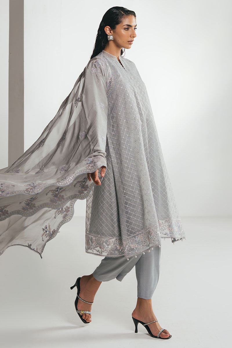 SILVER MOONLIGHT-4PC EMBROIDERED ORGANZA SUIT