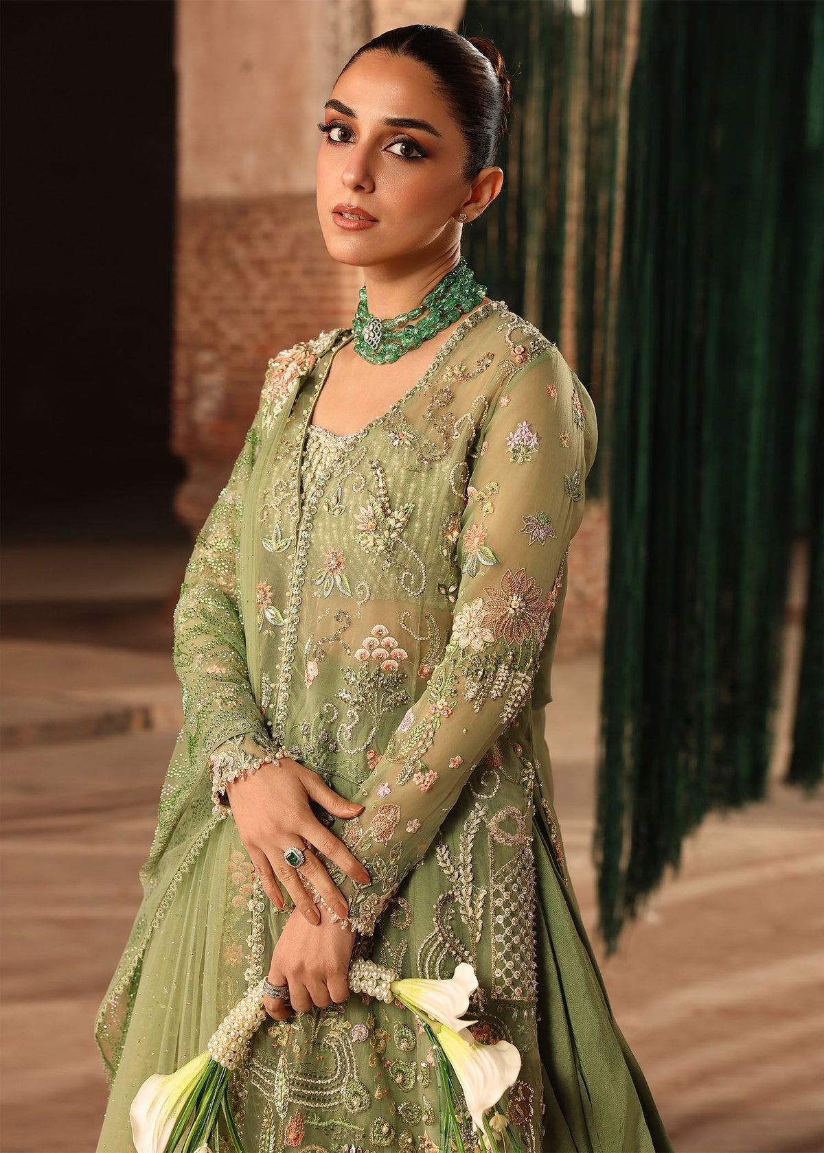 Crimson – Mint Green Net Embroidered Lehenga Style