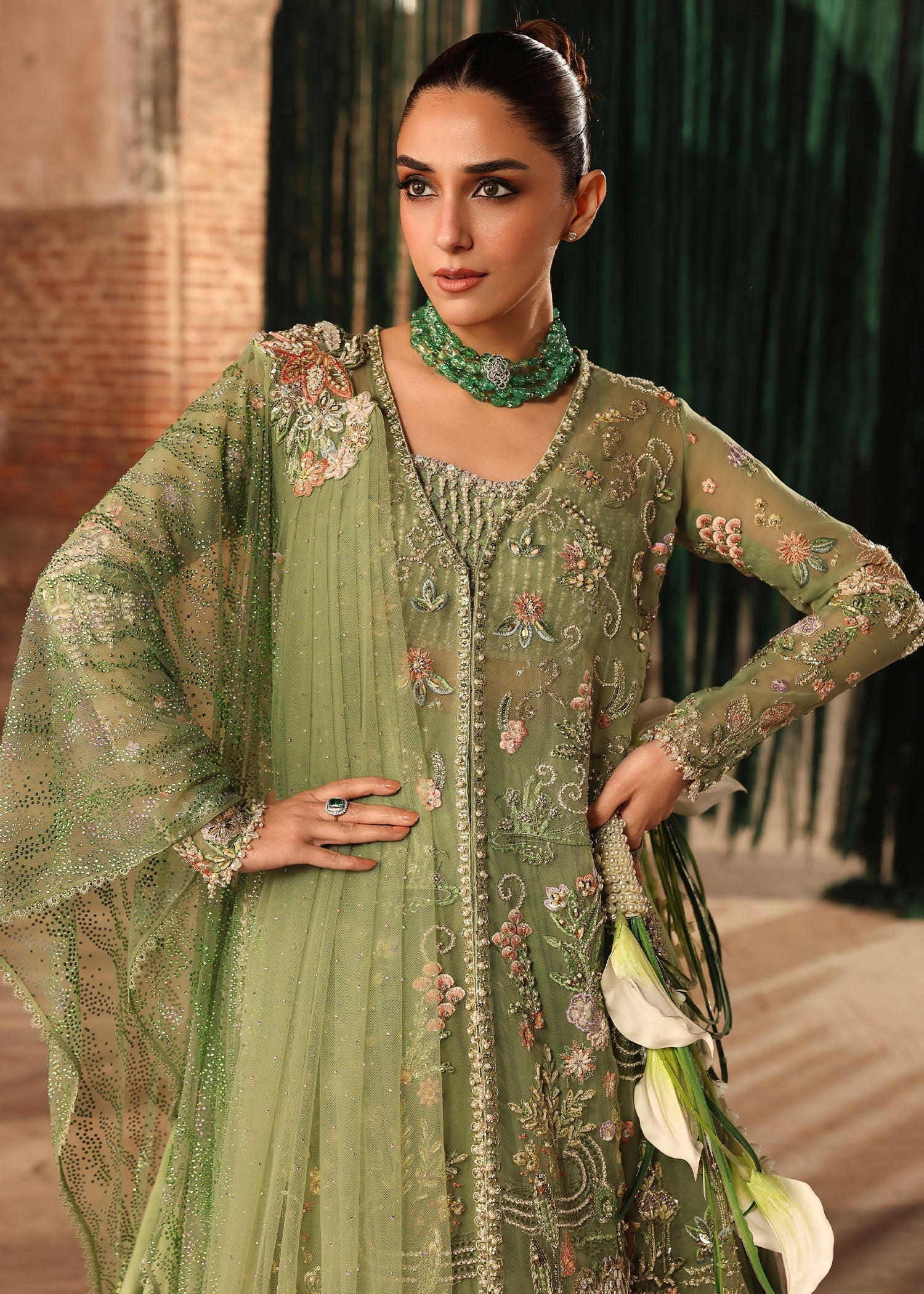 Crimson – Mint Green Net Embroidered Lehenga Style