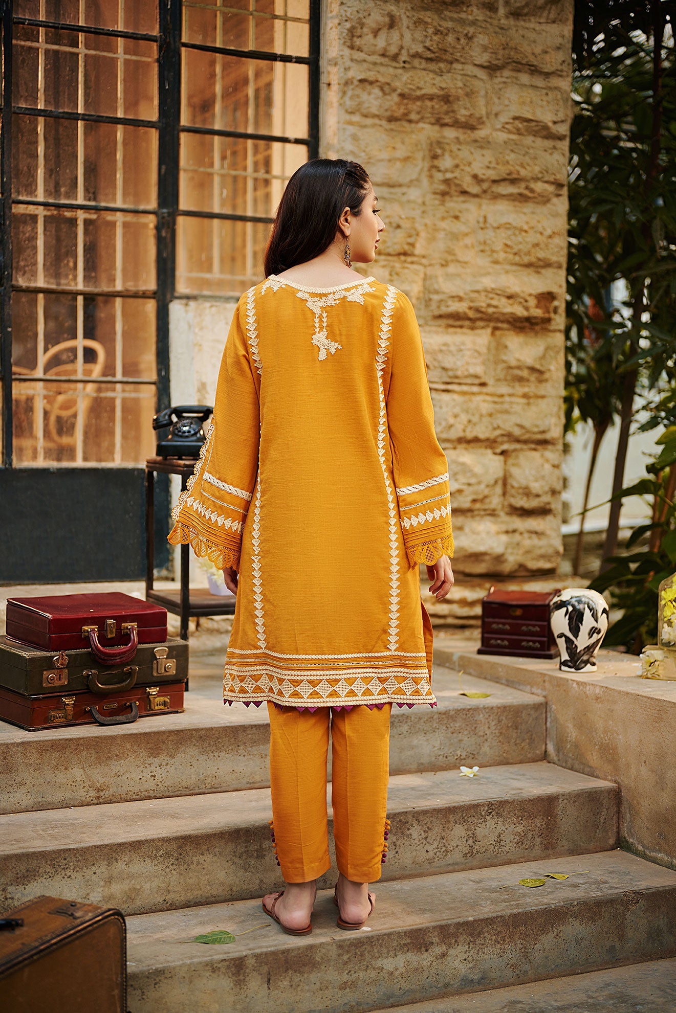 DC-2020 ACRYLIC ORANGE 2PCS EMBROIDERED KURTA WITH TROUSER