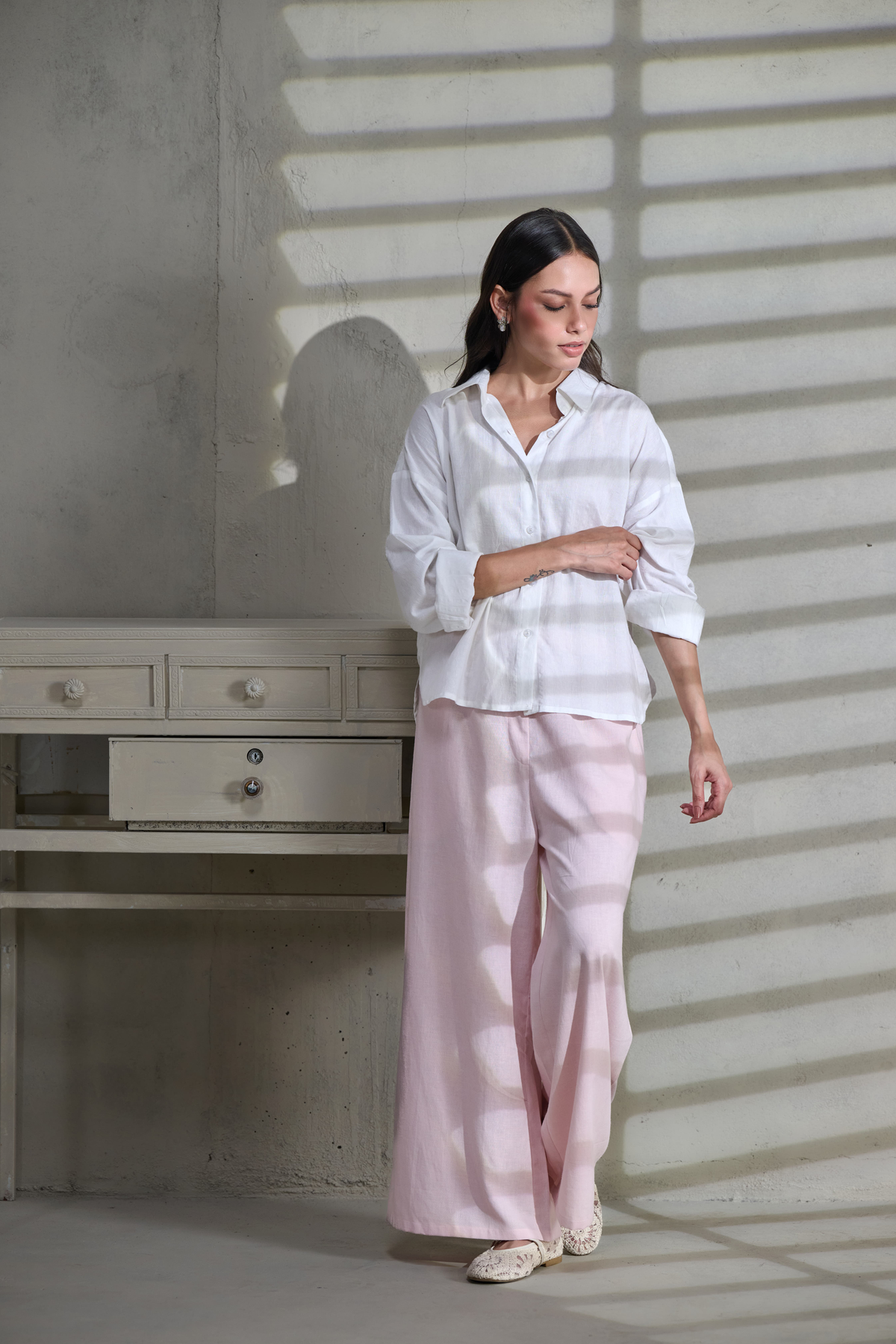 White Self Jacquard Cotton Button Down High-Low Shirt