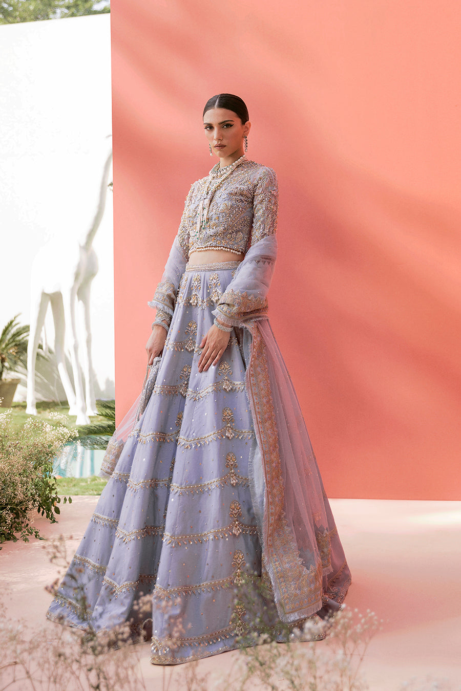 Pakistani bridal lehnga in ice-blue with organza choli and net dupatta - Mysie By Tahira