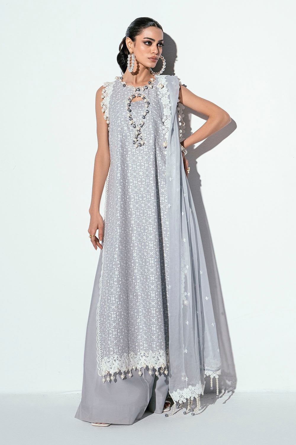 3 Piece Unstitched Schiffli Embroidered Lawn Suit with Embroidered Chiffon Dupatta