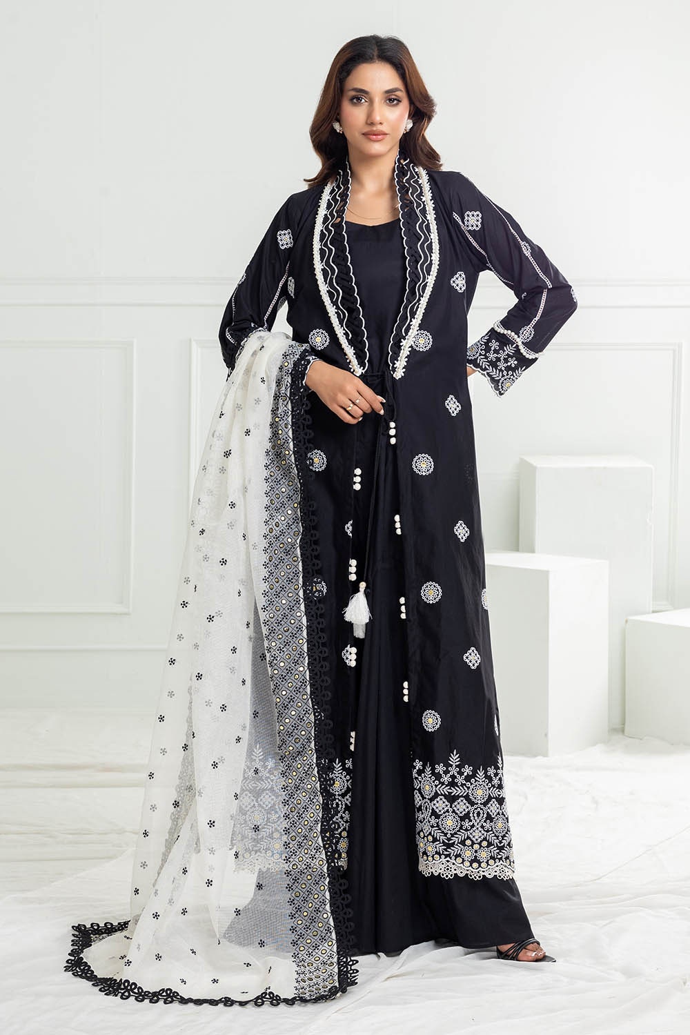3 Piece Unstitched Schiffli Embroidered Lawn Suit with Embroidered Cotton Net Dupatta