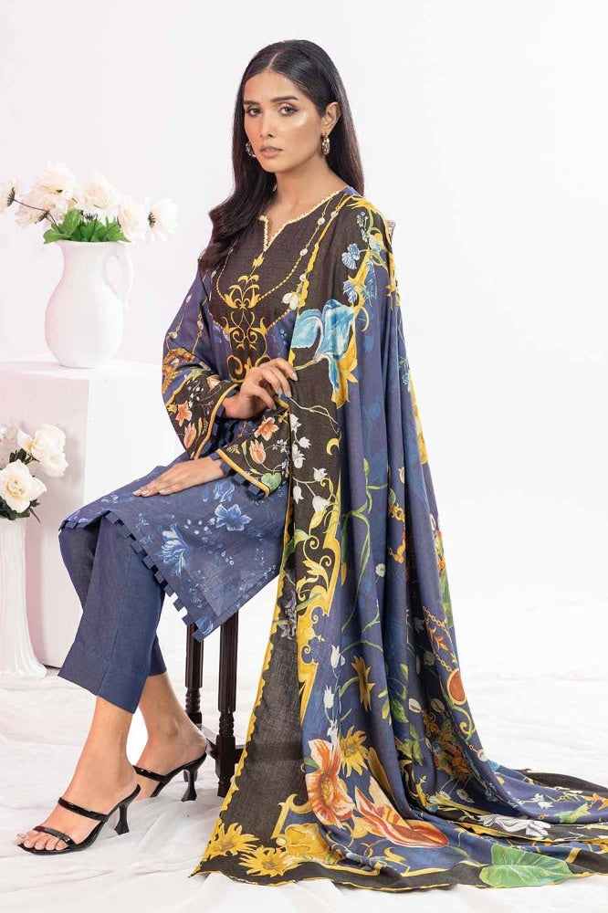 3 Piece Printed Chambray Unstitched Suit