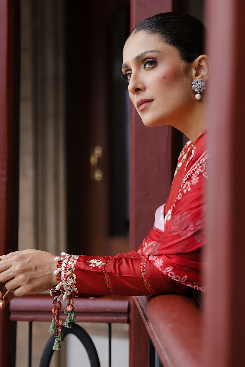 RUBY WHISPER-3PC SATIN EMBROIDERED SUIT UNSTITCH / RED / SATIN (RTS)-CROSS STITCHED