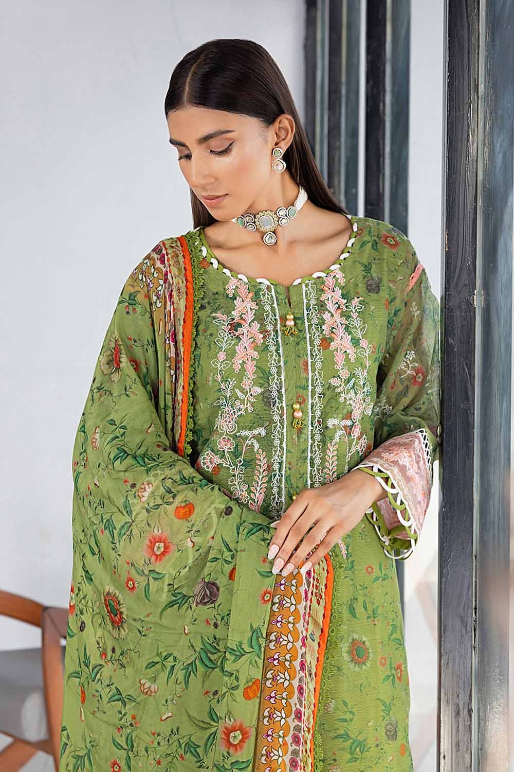 3 Piece Embroidered Digital Printed Cotton Net Unstitched Suit with Digital Printed Silk Dupatta with Lace