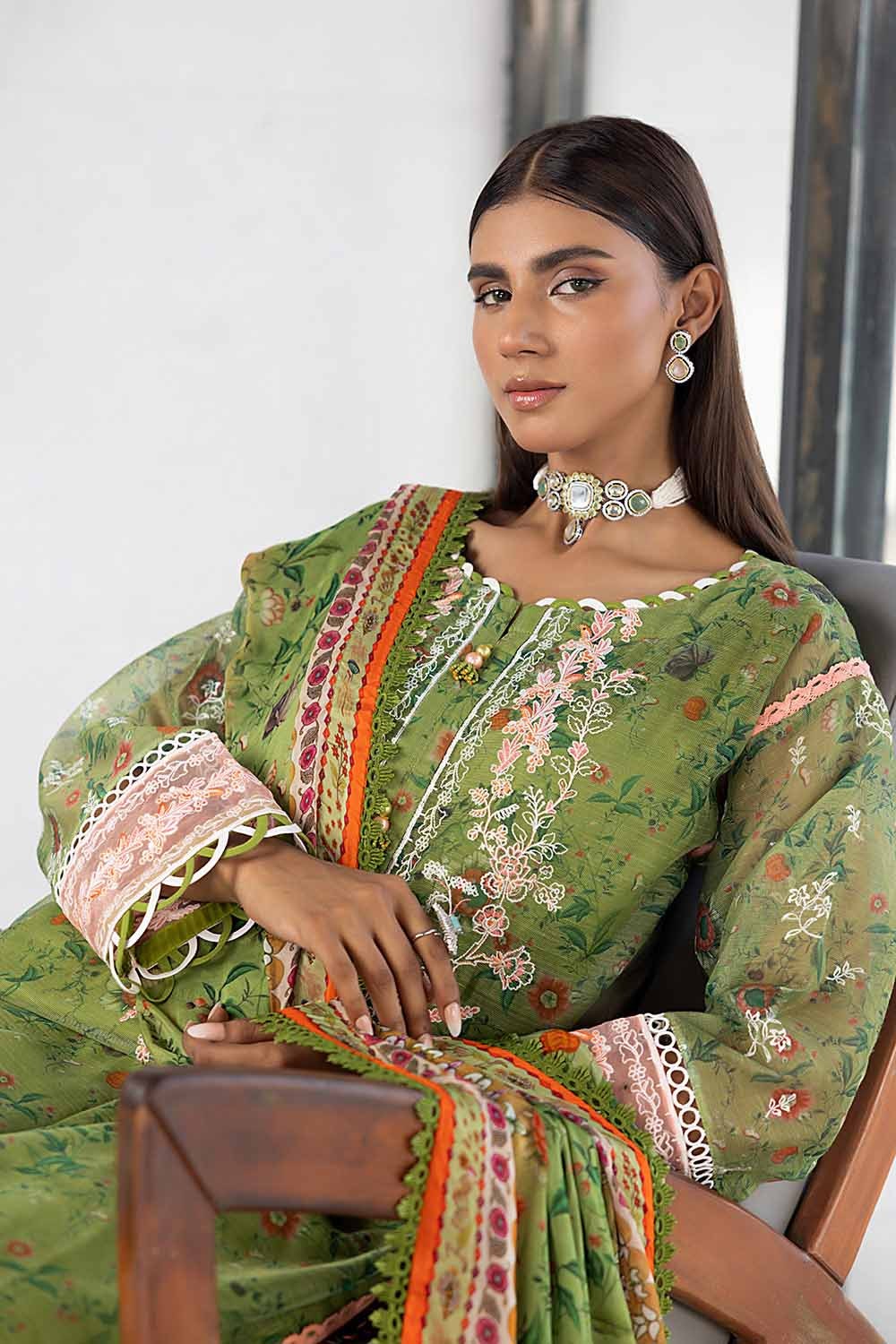 3 Piece Embroidered Digital Printed Cotton Net Unstitched Suit with Digital Printed Silk Dupatta with Lace