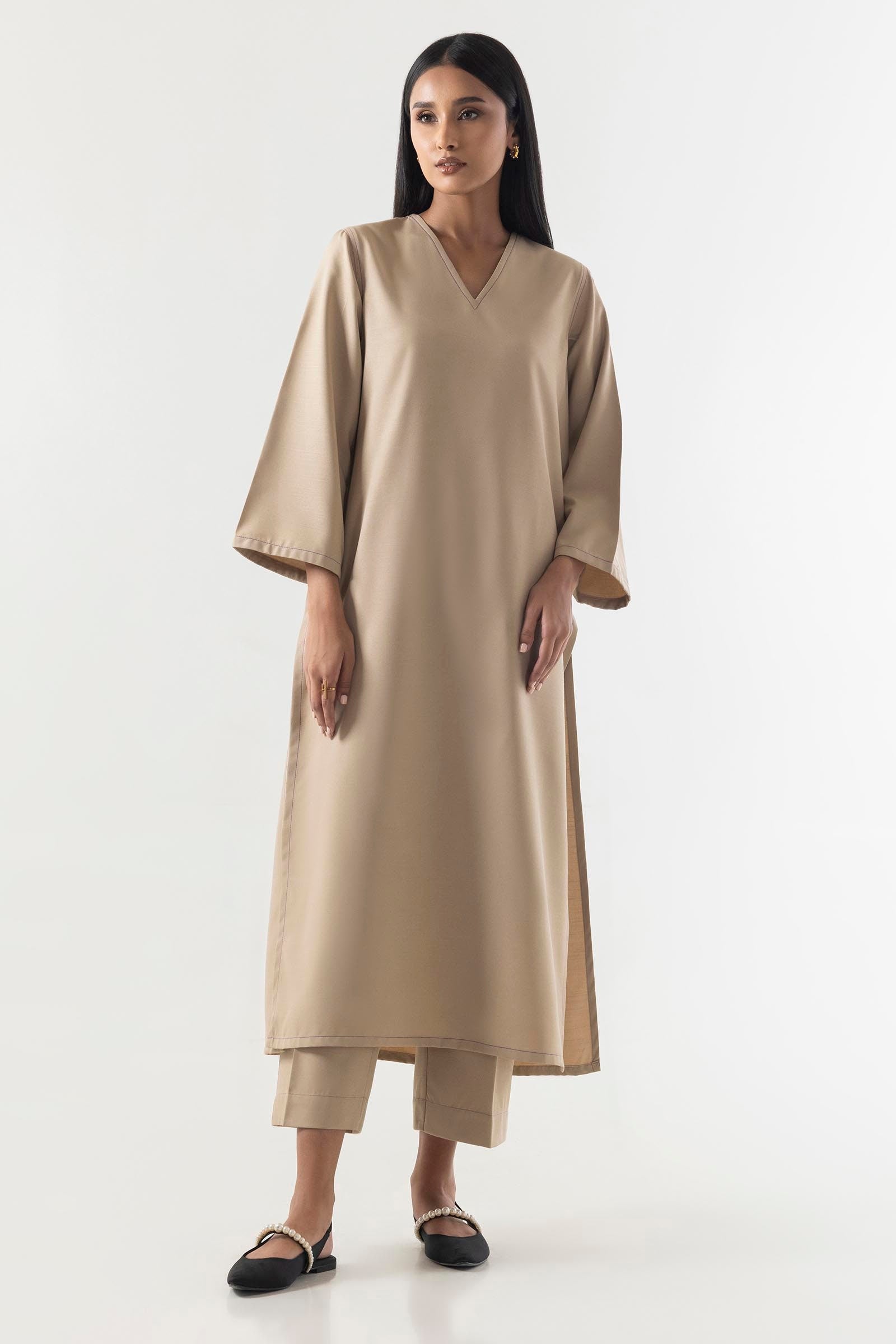 Stitched Beige Basic Printed Shirt+Culotte
