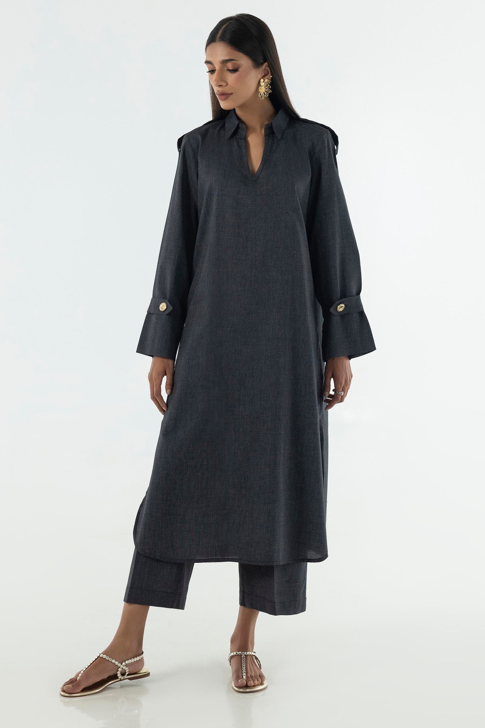 Stitched Charcoal Printed Shirt + Culotte