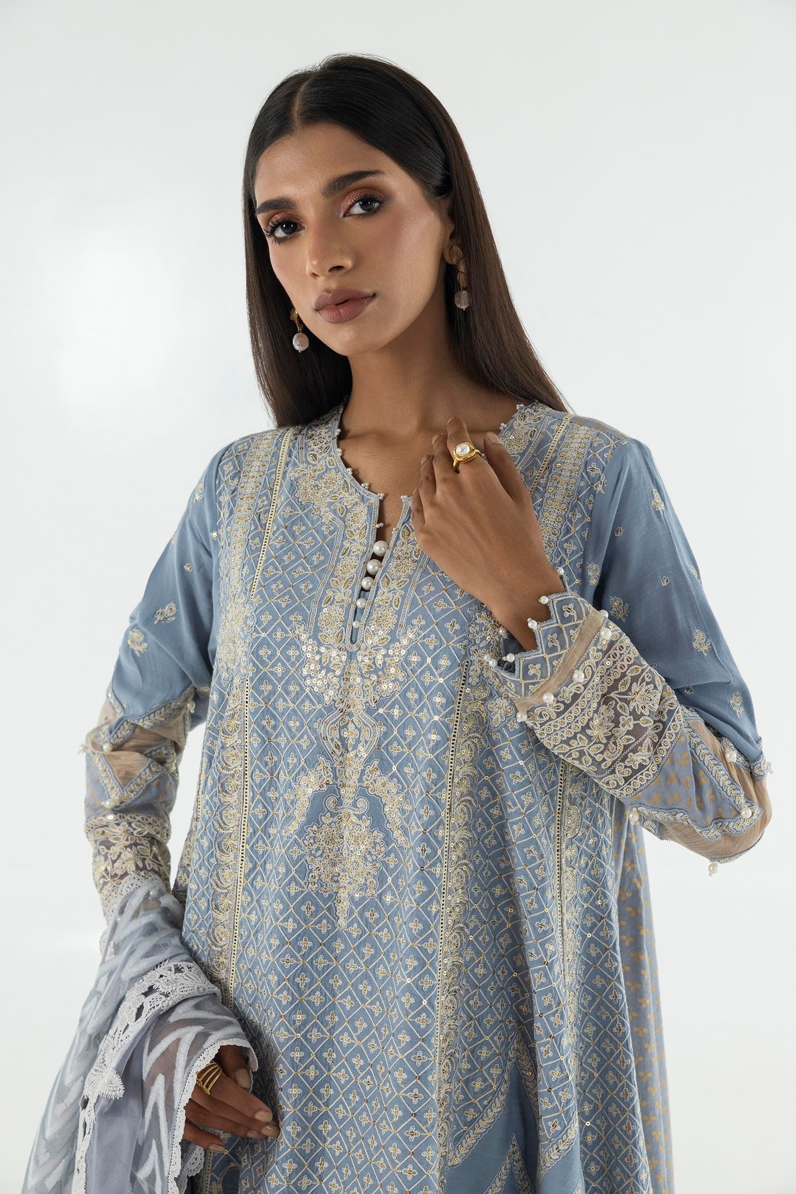 Stitched Blue Embroidered Shirt+Trouser+Dupatta