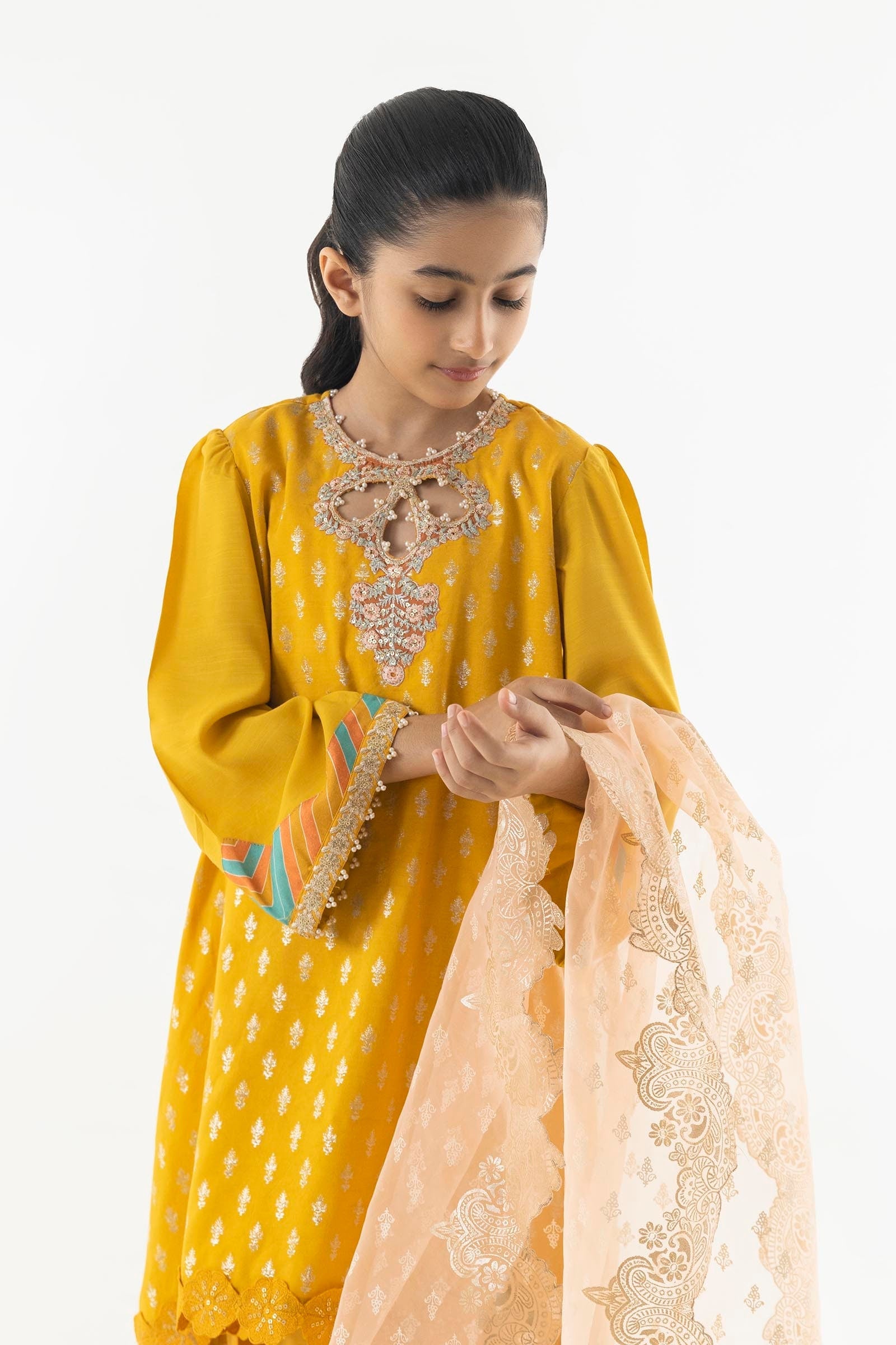 Stitched Kids Mustard Embroidered Suit
