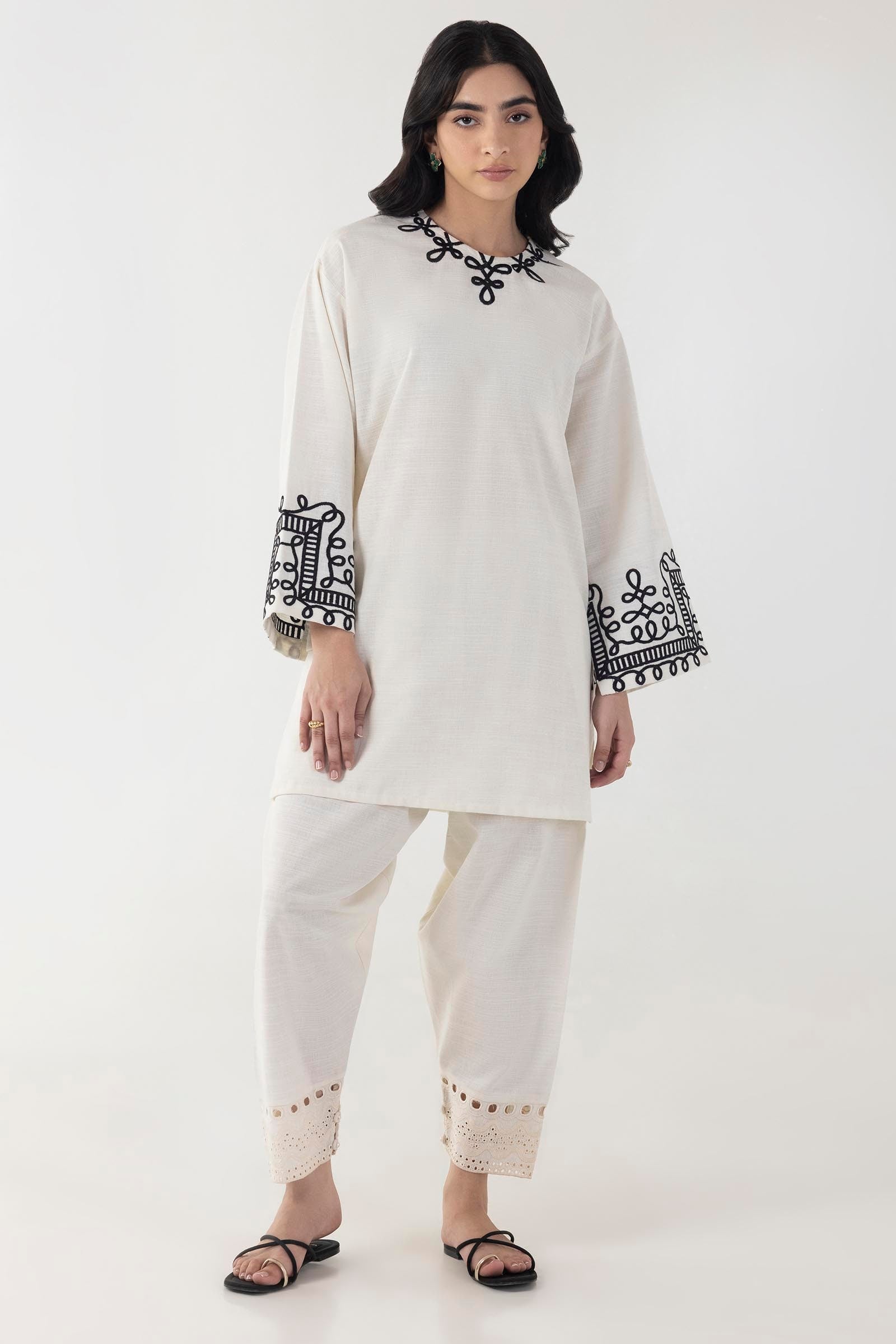 Stitched Off White Embroidered Shirt