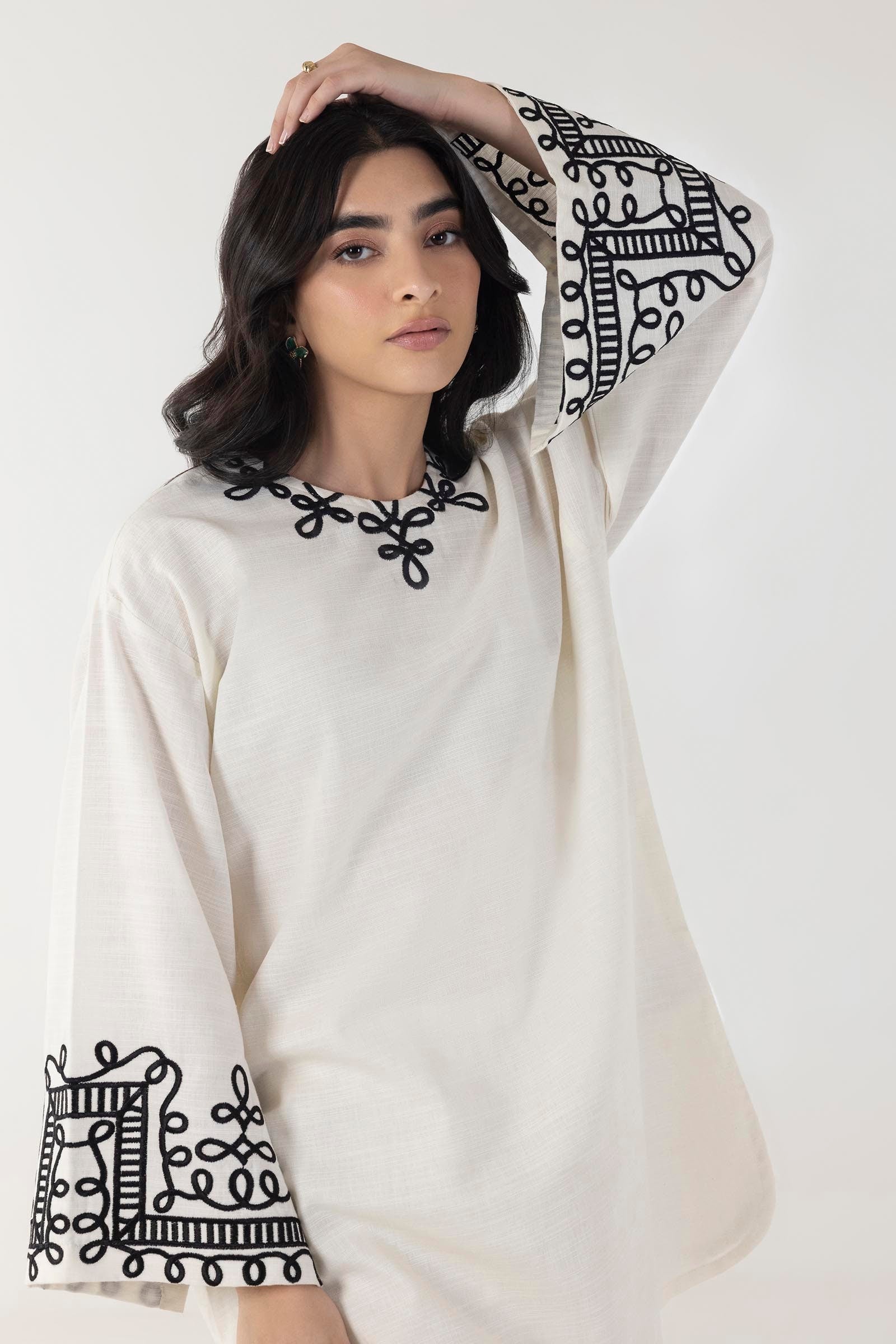 Stitched Off White Embroidered Shirt