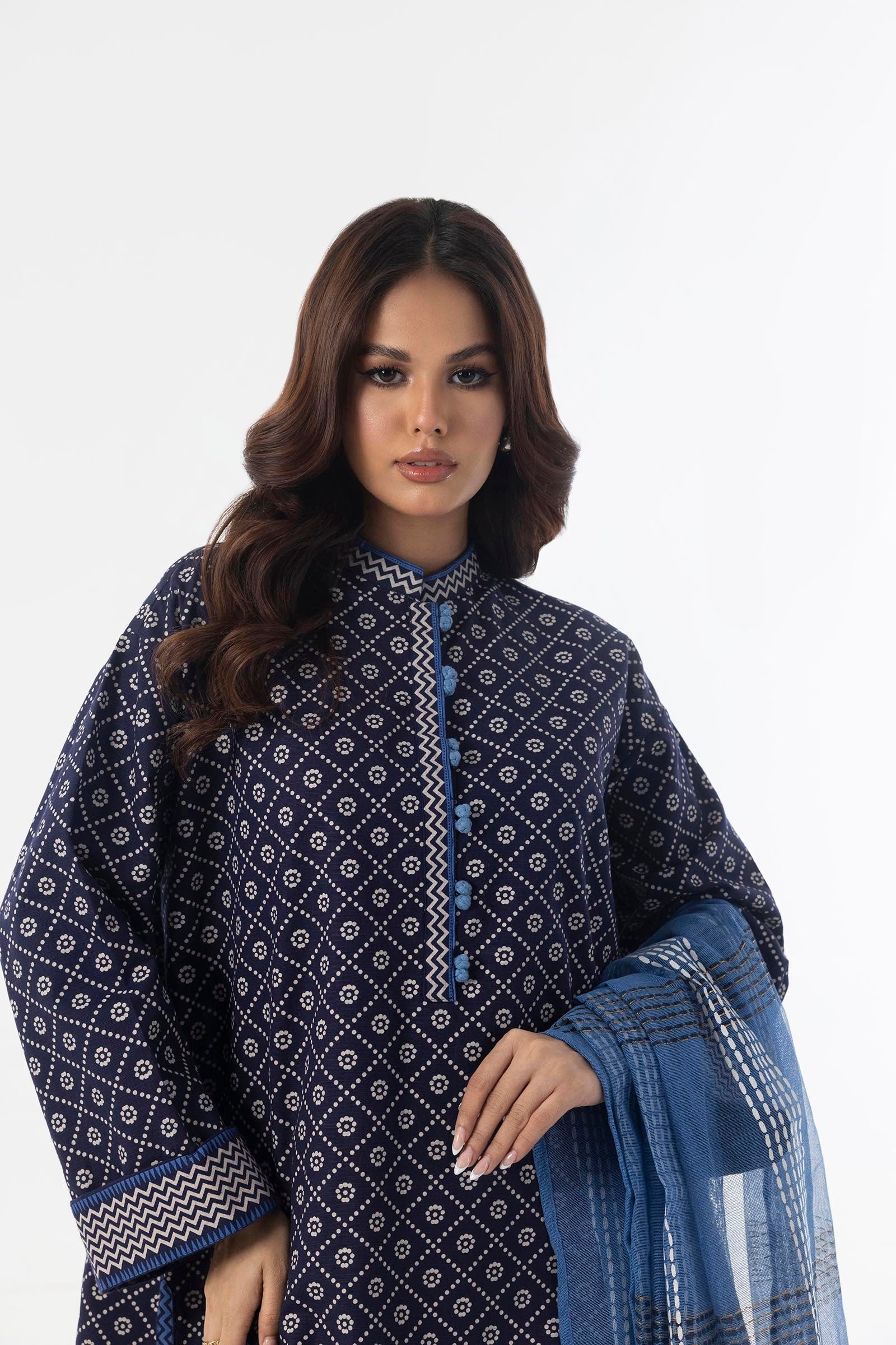 Stitched Navy blue Boxy Printed Shirt+Culotte+Dupatta