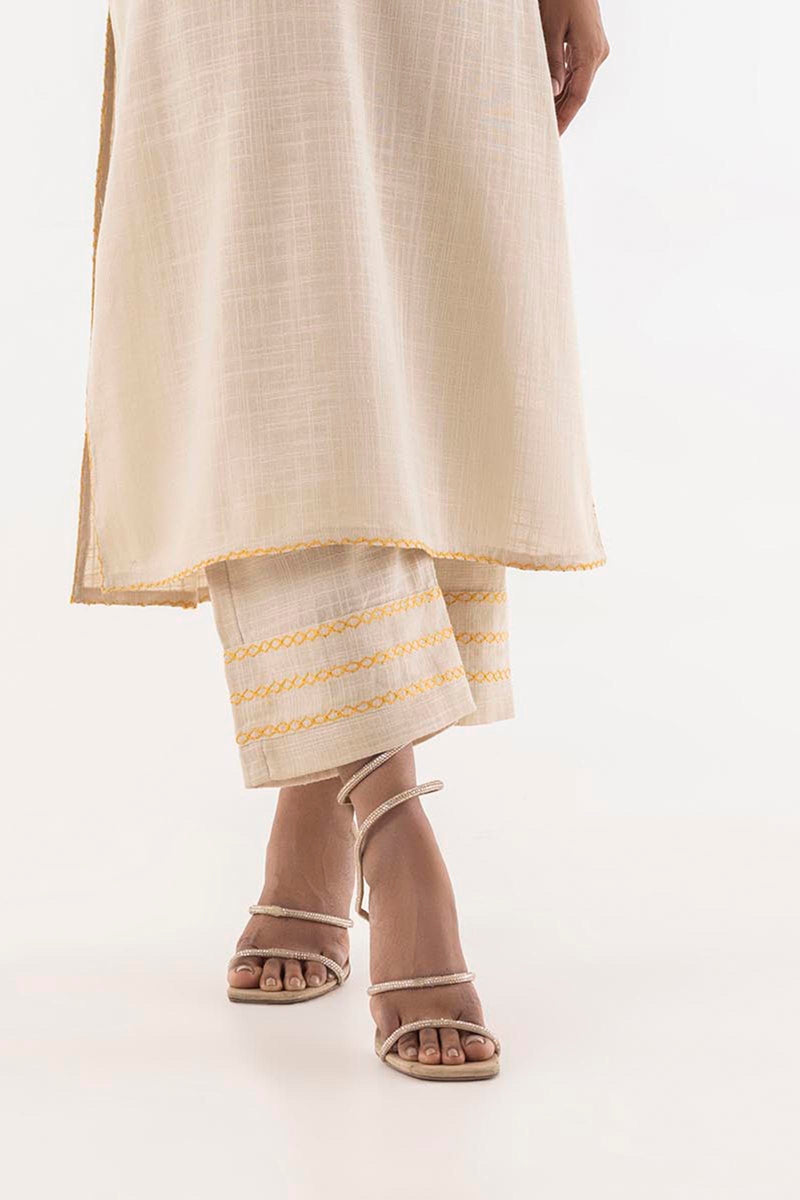 Stitched Beige Slub Embroidered Culotte
