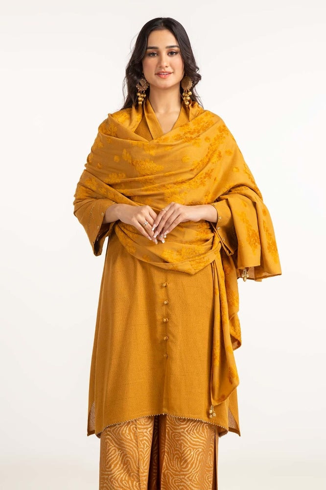 Dyed Acrylic Viscose Shirt With Velvet Jacqauard Dupatta