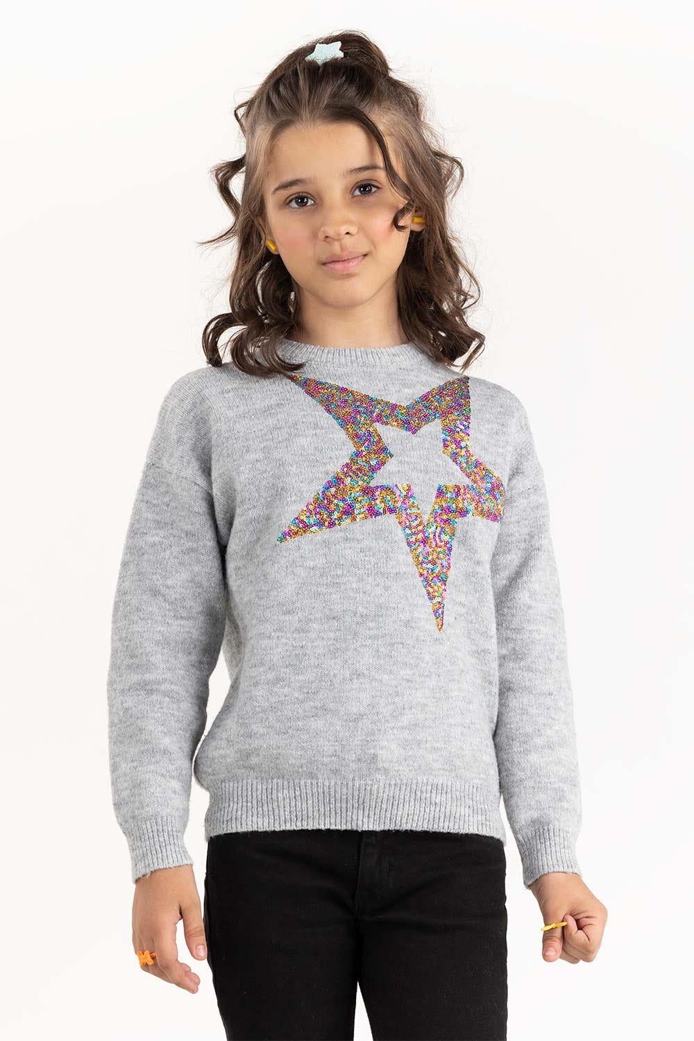 Junior Girl Grey Sweater With Round Neck