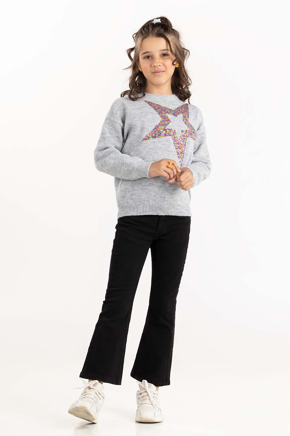 Junior Girl Grey Sweater With Round Neck