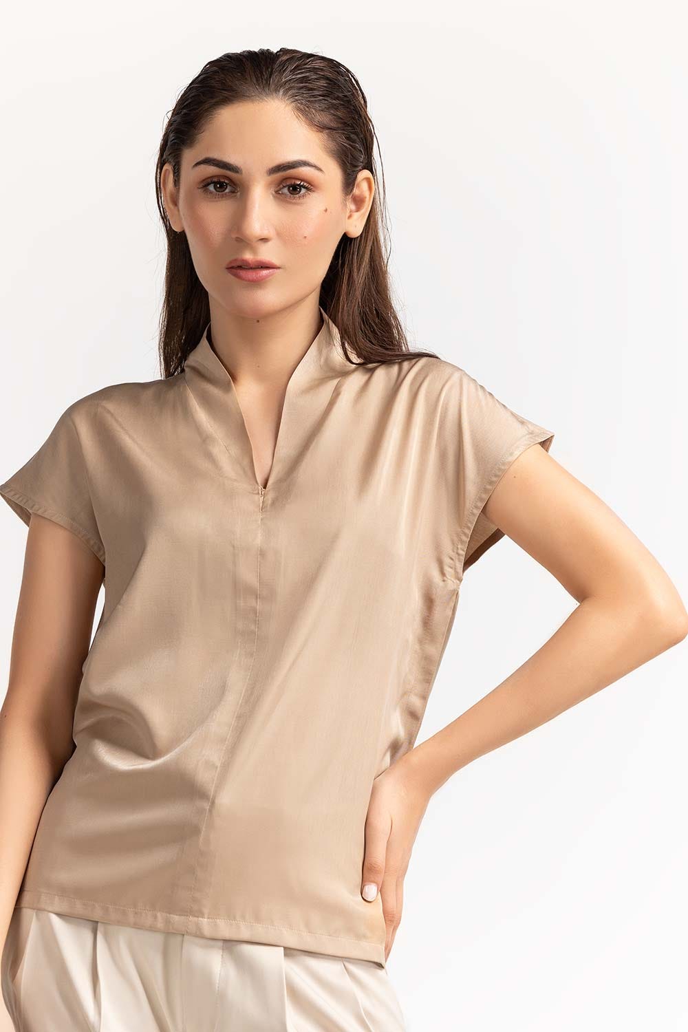 High Neck Beige Top