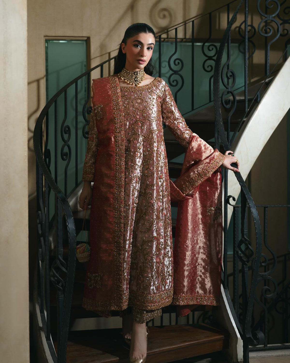 Haris Shakeel Style — Mairaz Tea Rose Tissue Three-Piece Suit
