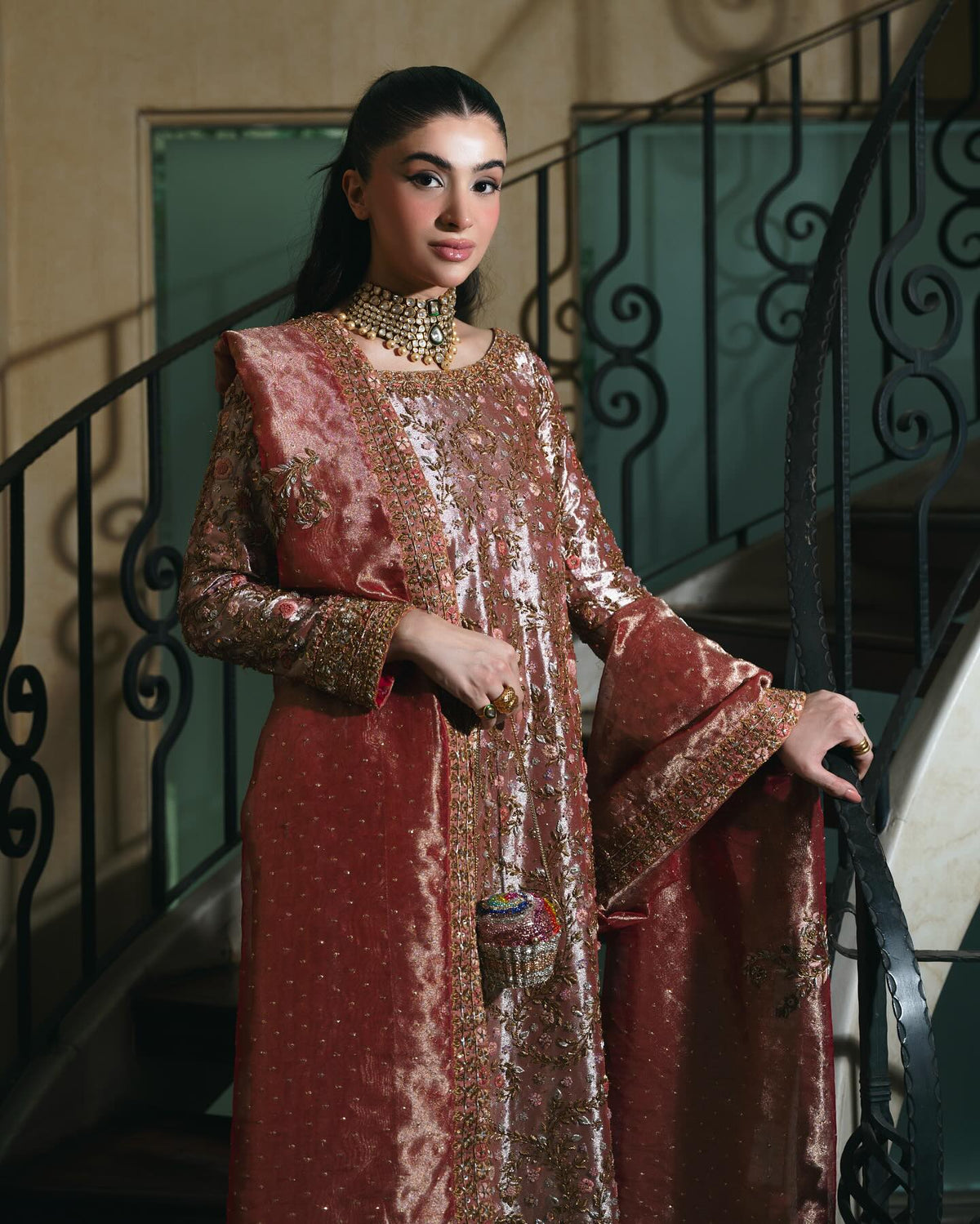 Haris Shakeel Style — Mairaz Tea Rose Tissue Three-Piece Suit