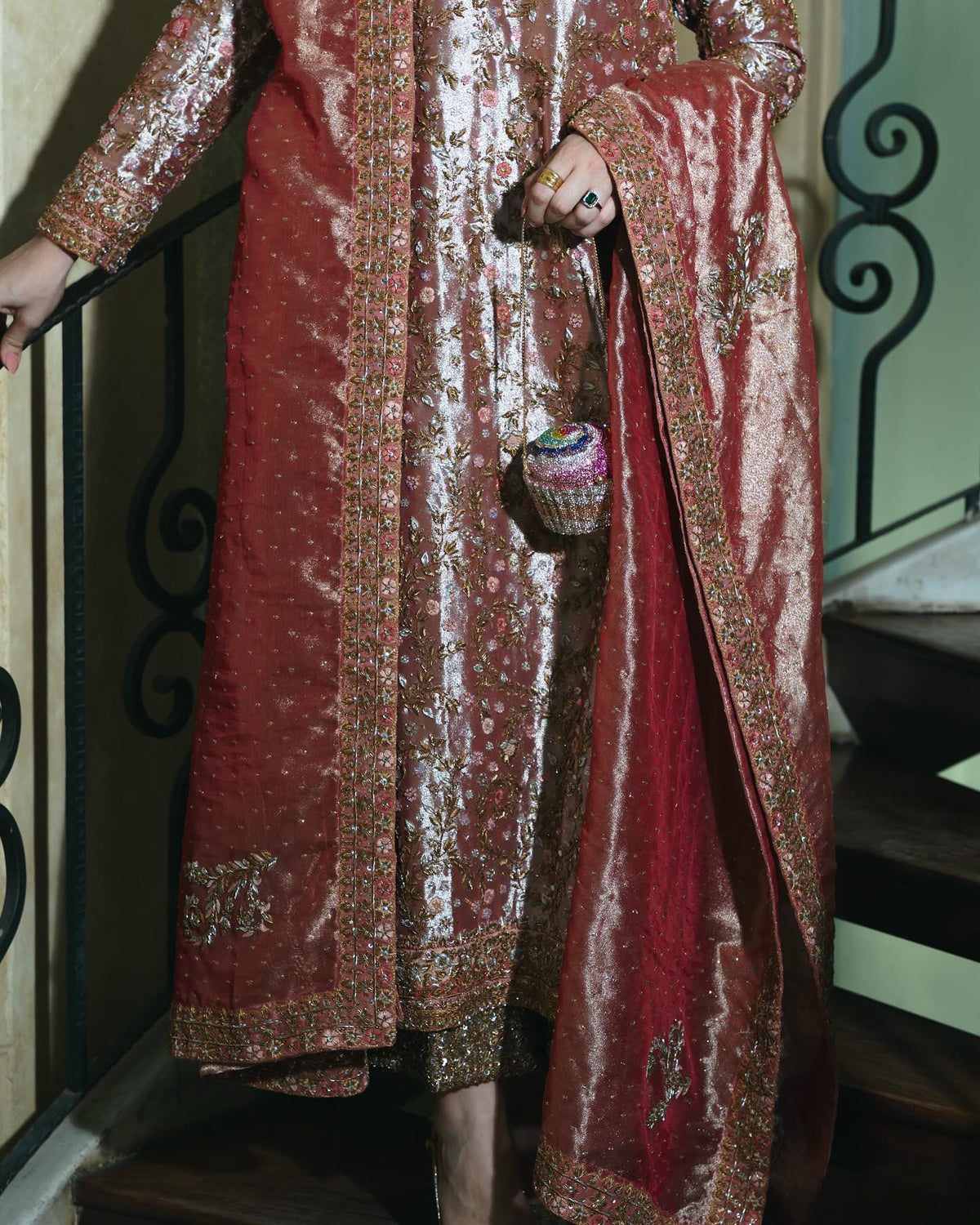 Haris Shakeel Style — Mairaz Tea Rose Tissue Three-Piece Suit