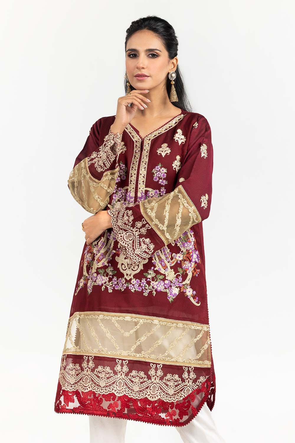 Luxury Pret Dyed Cotton Net Embroided Kurti With Inner