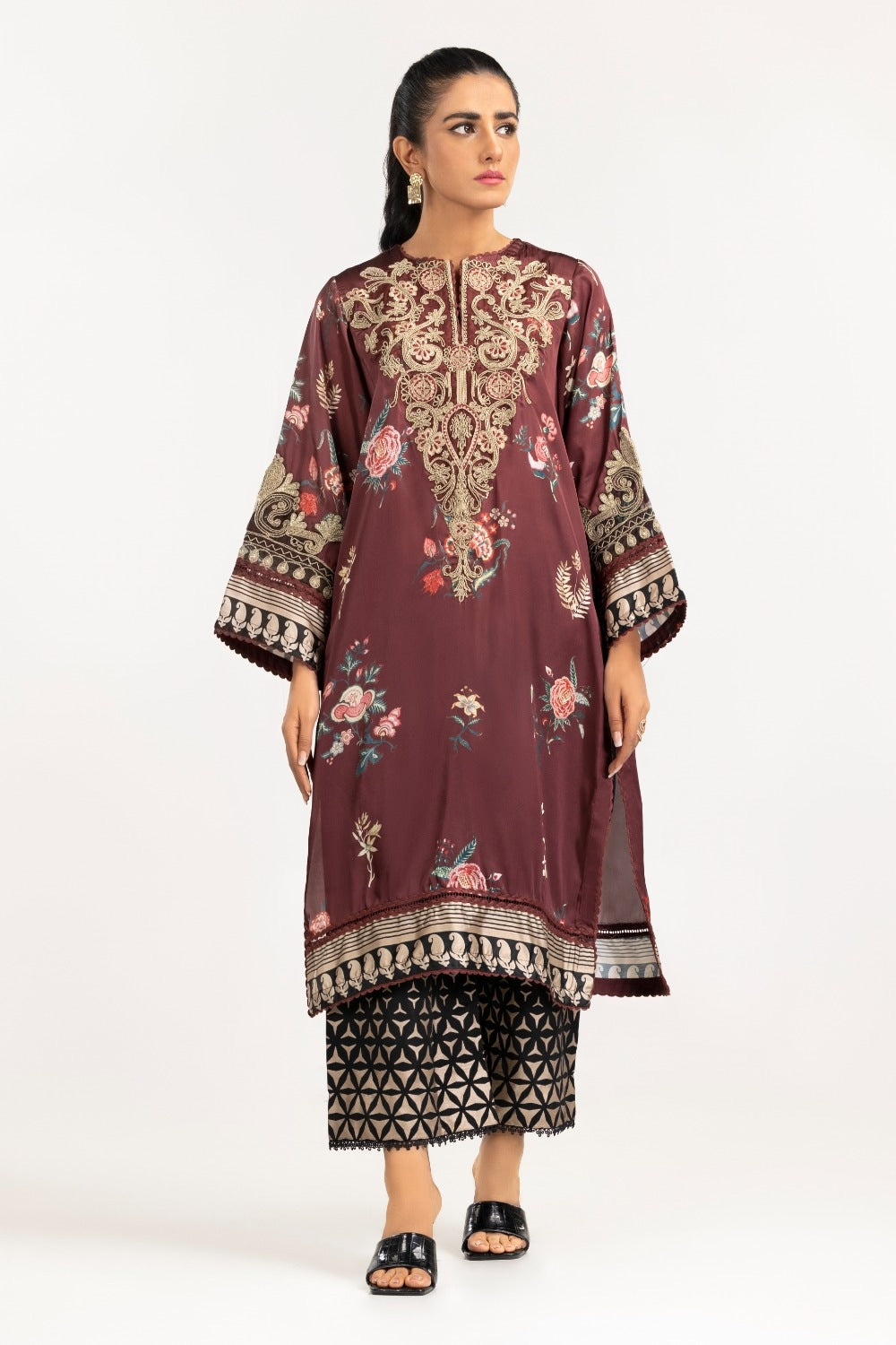 Luxury Pret Printed Charmeuse Silk Embroidered Shirt and Rawsilk trouser