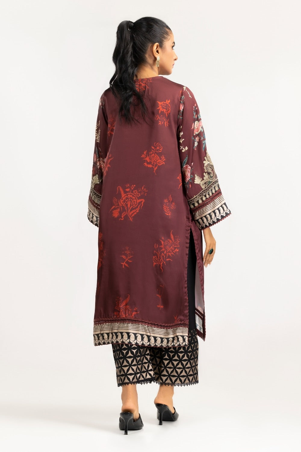 Luxury Pret Printed Charmeuse Silk Embroidered Shirt and Rawsilk trouser