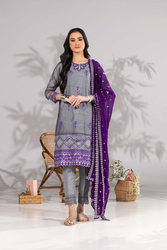 3 Piece Cotton Slub Embroidered Suit