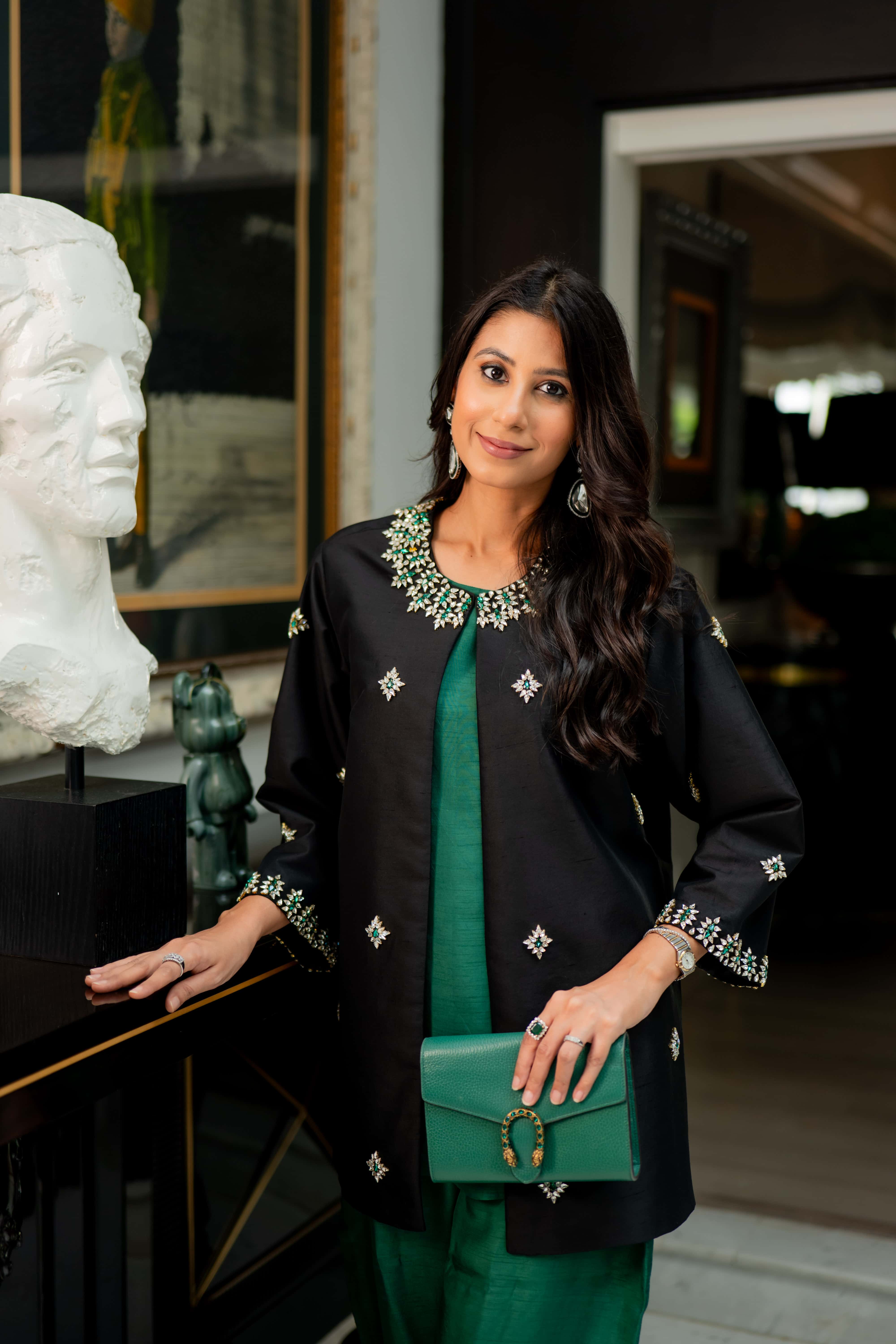 Black Crystal Embellished Jacket with Emerald Green Slip and Trouser