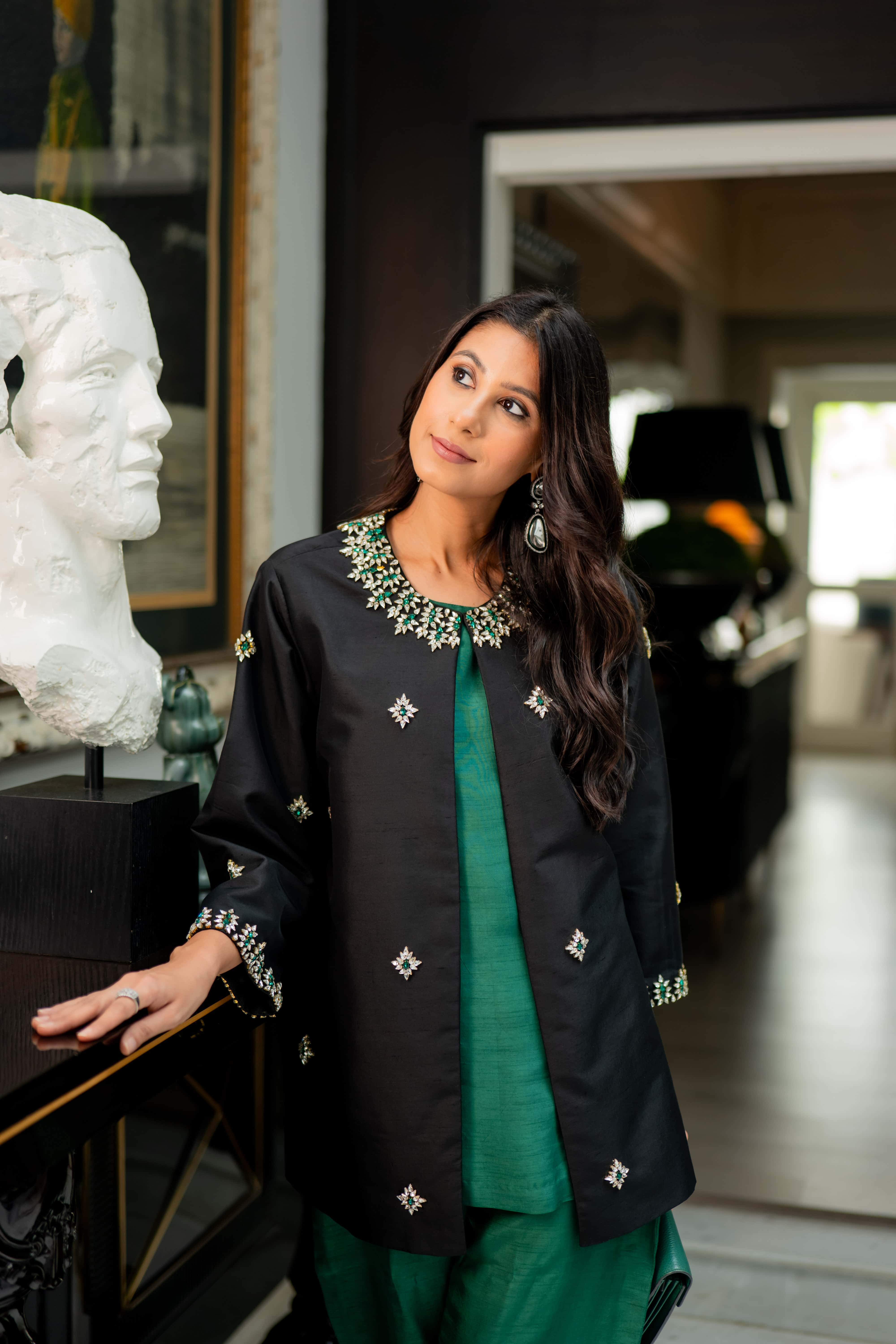 Black Crystal Embellished Jacket with Emerald Green Slip and Trouser