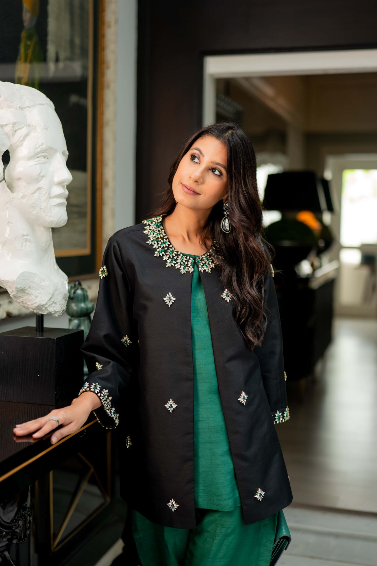 Black Crystal Embellished Jacket with Emerald Green Slip and Trouser
