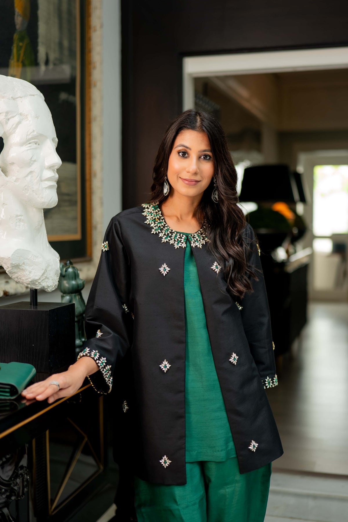 Black Crystal Embellished Jacket with Emerald Green Slip and Trouser