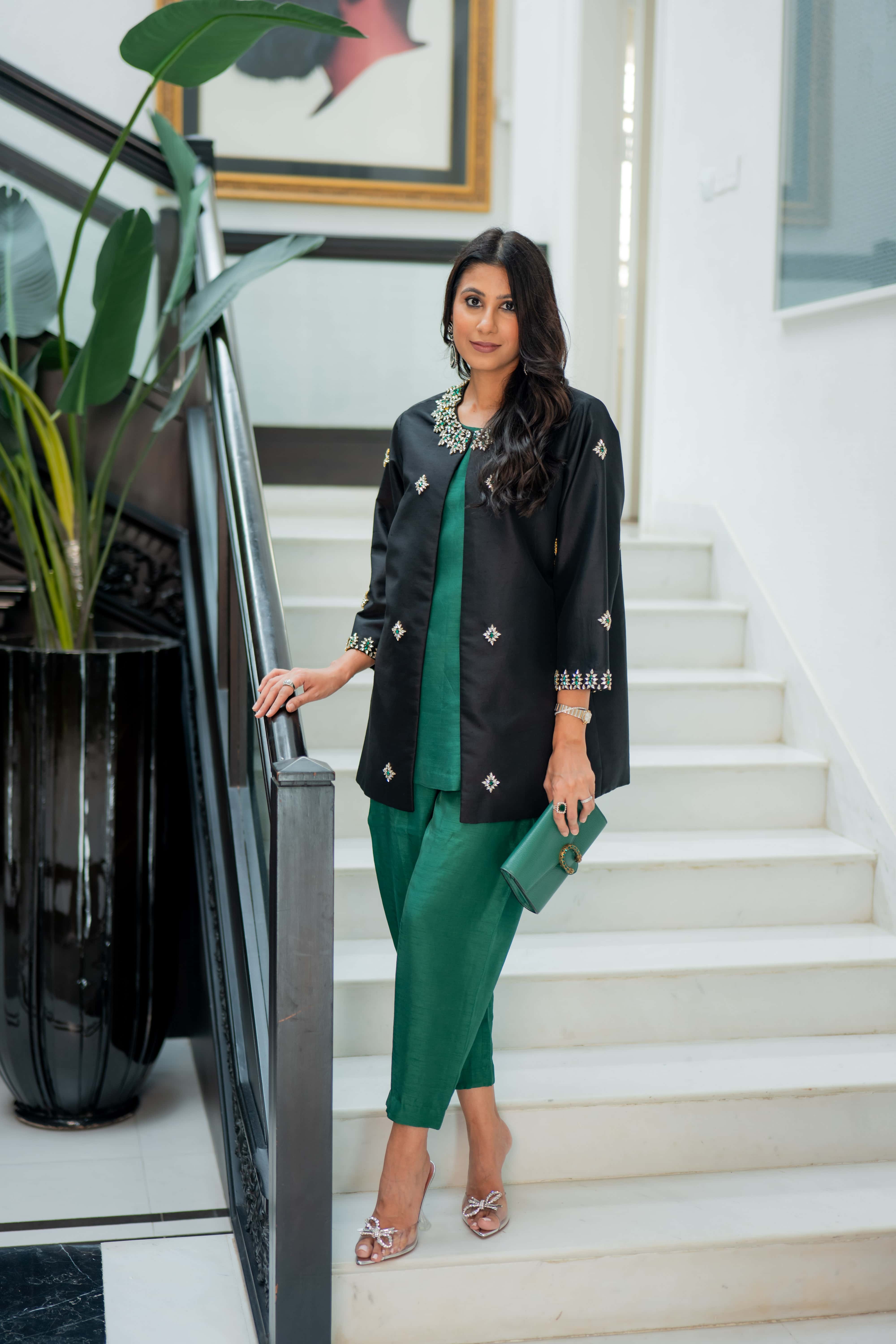 Black Crystal Embellished Jacket with Emerald Green Slip and Trouser