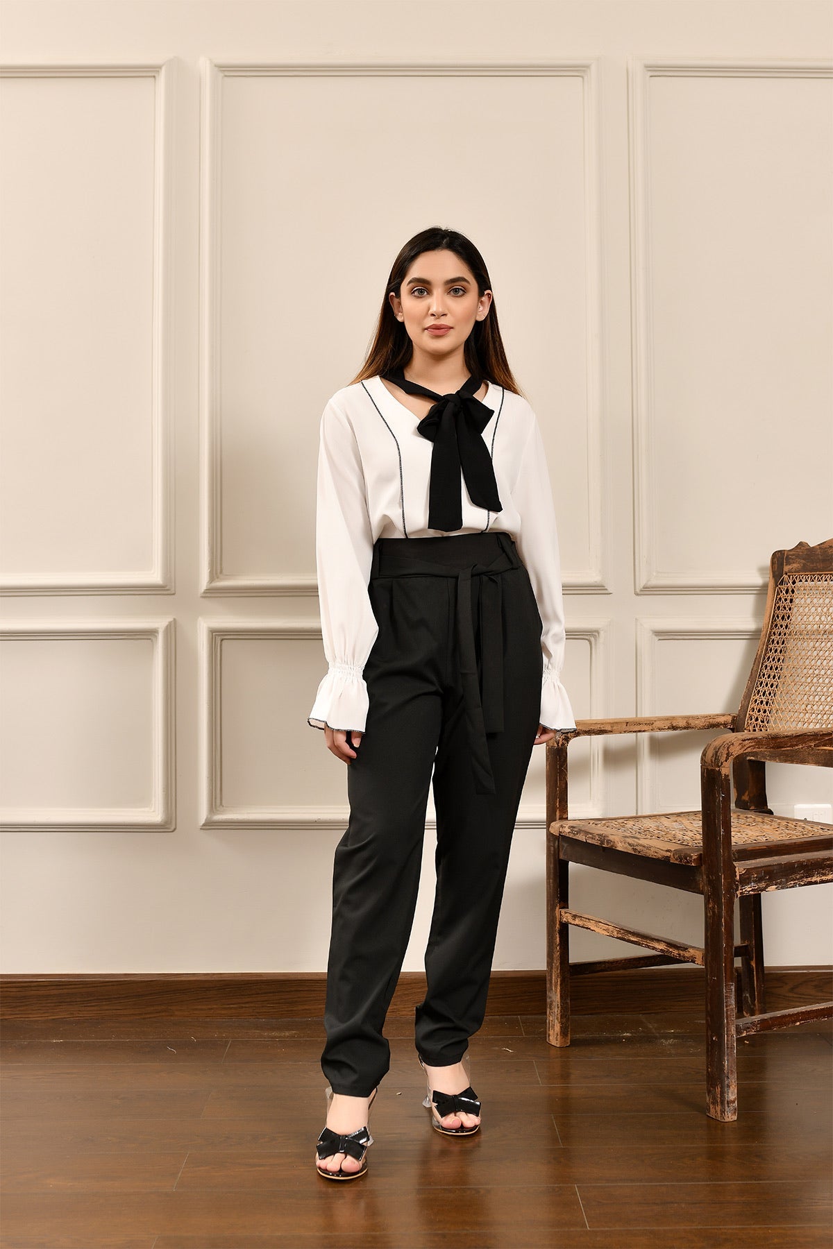 Marina Ruched Black Belted Pant