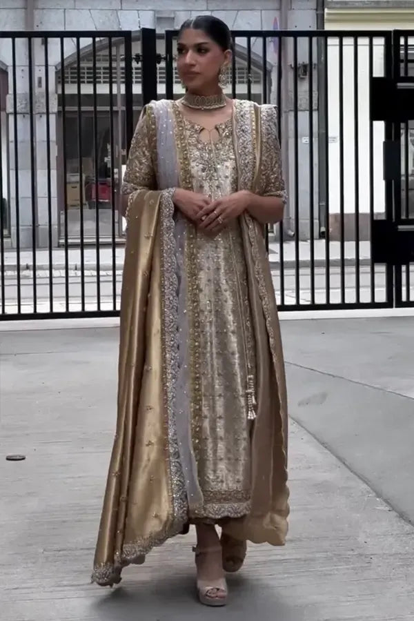 Noor-e-Haseen Style — Mairaz Champagne Gold Three-Piece Suit