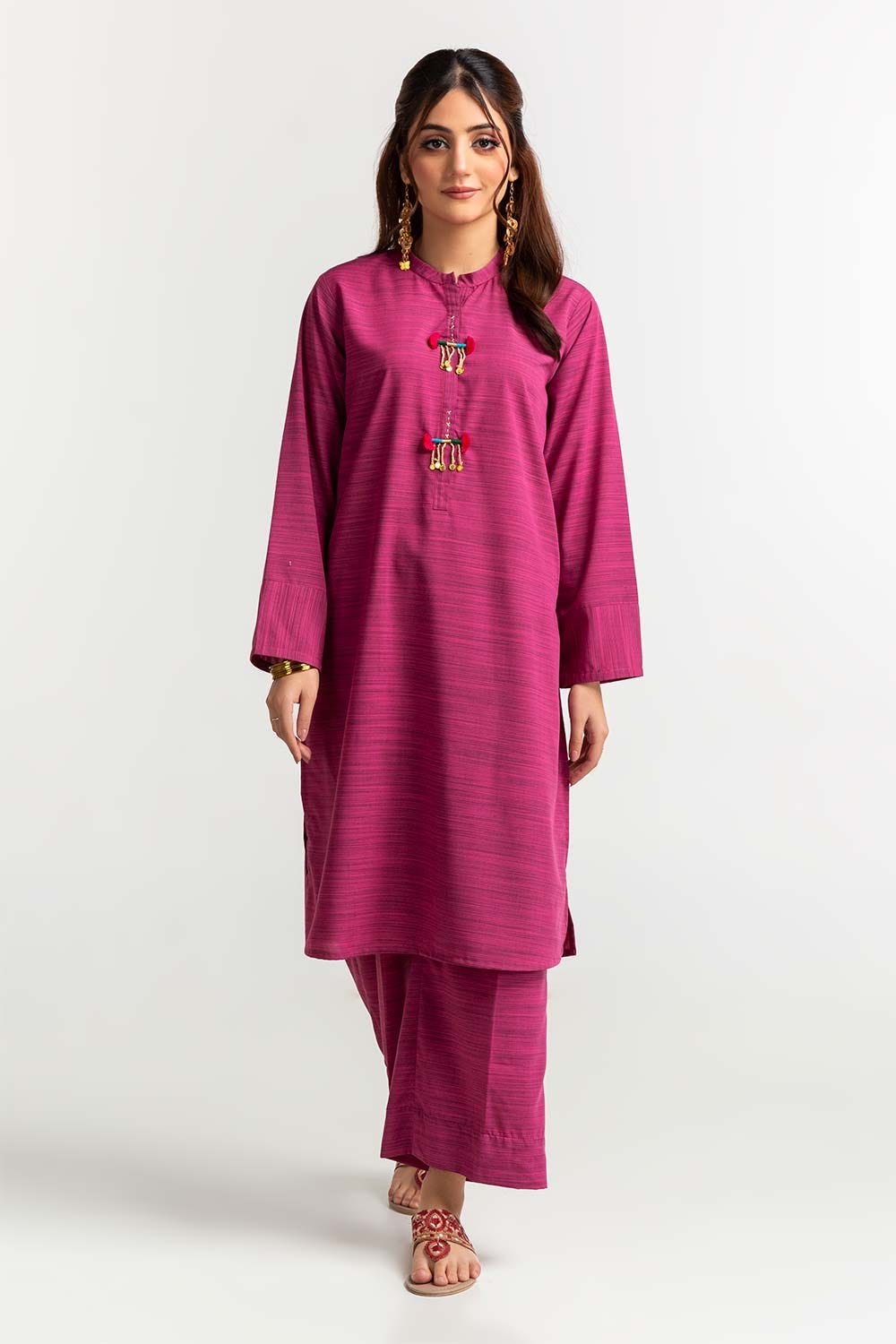 Dyed Polyester Viscose Embellished Shirt With Trouser
