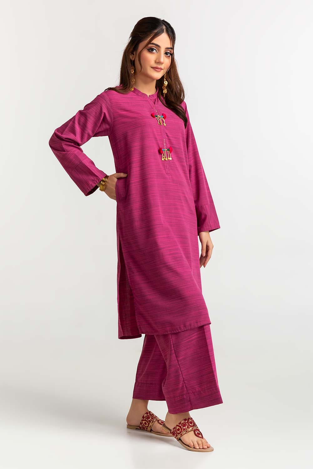 Dyed Polyester Viscose Embellished Shirt With Trouser