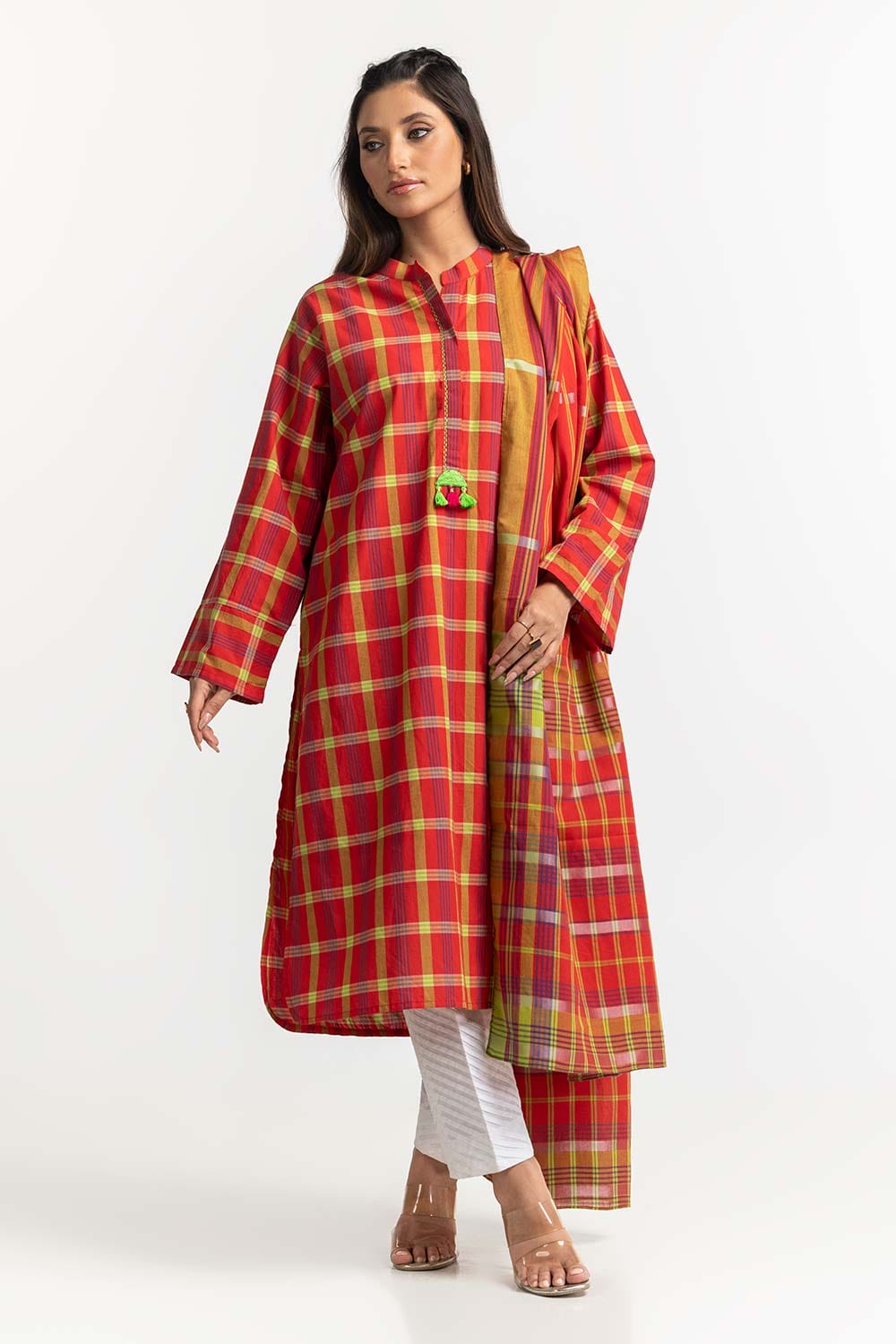 Dyed Cotton Yarn Dyed Embelished Shirt With Dupatta