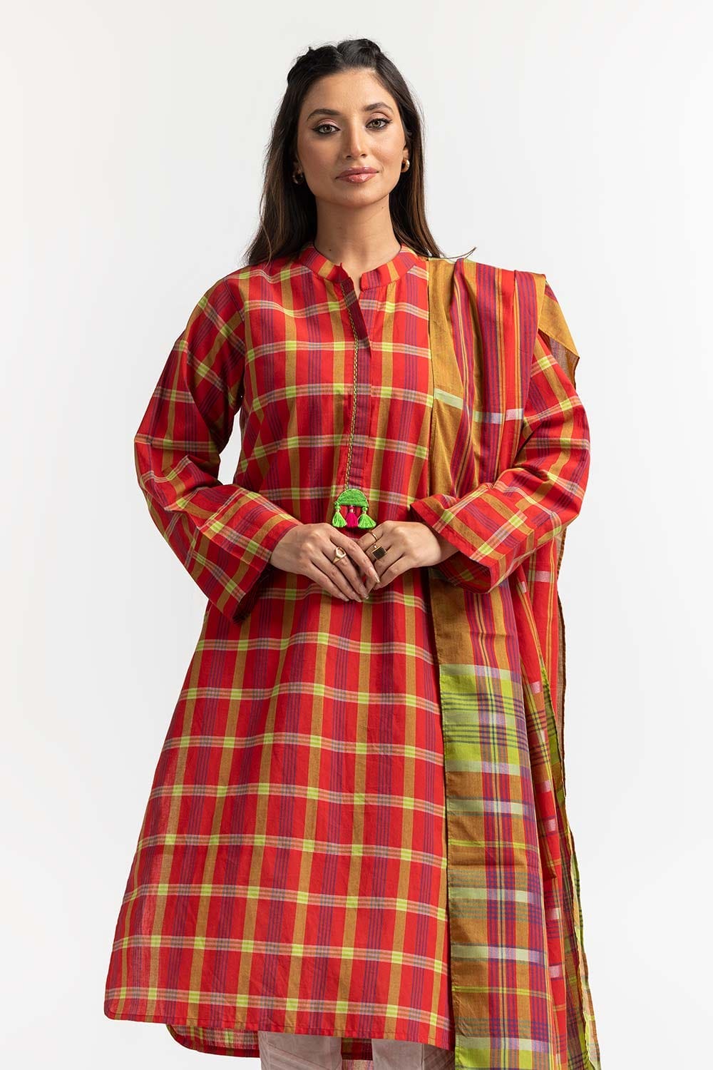 Dyed Cotton Yarn Dyed Embelished Shirt With Dupatta