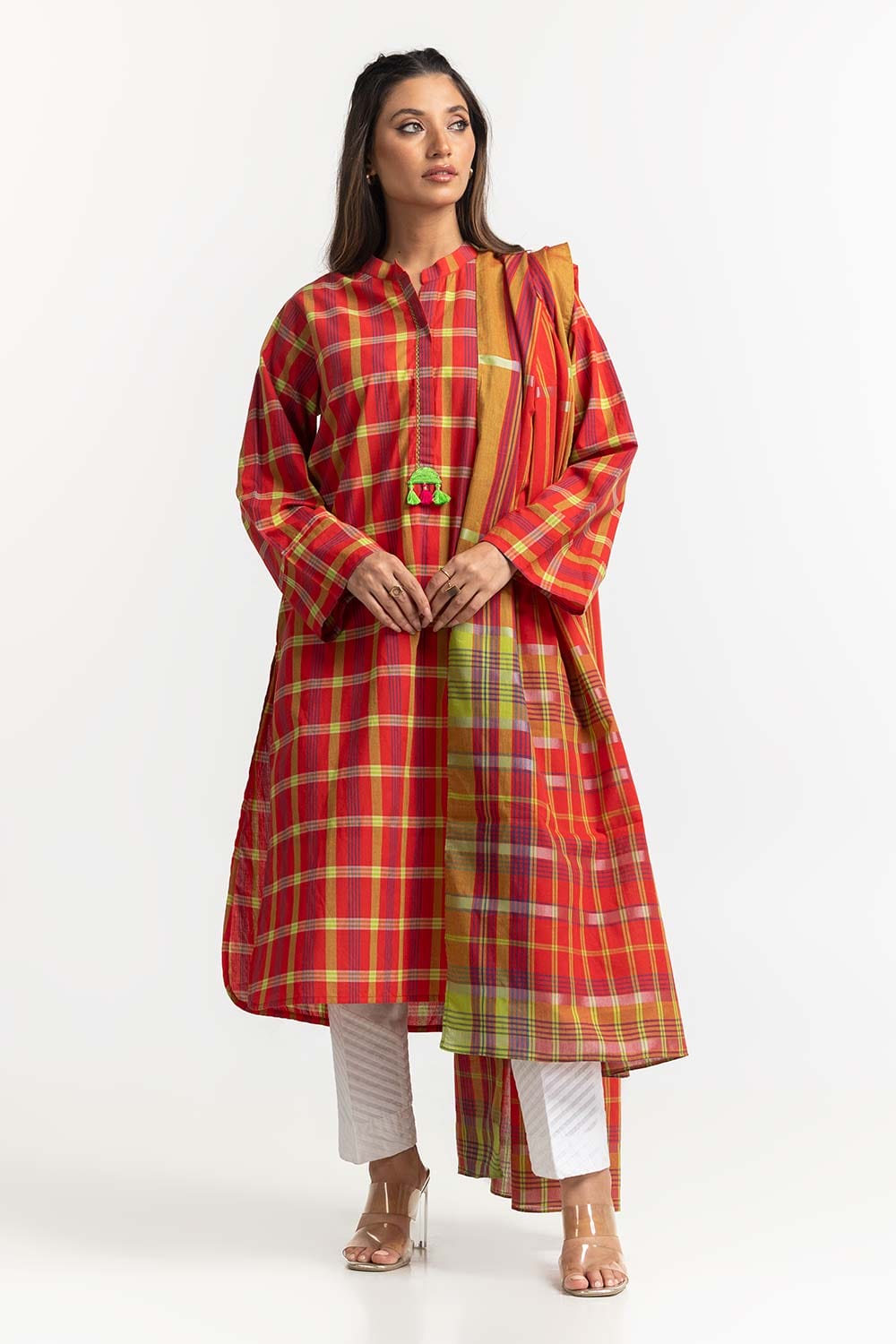 Dyed Cotton Yarn Dyed Embelished Shirt With Dupatta