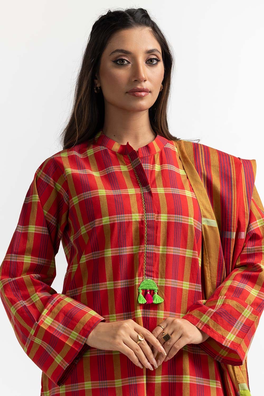 Dyed Cotton Yarn Dyed Embelished Shirt With Dupatta
