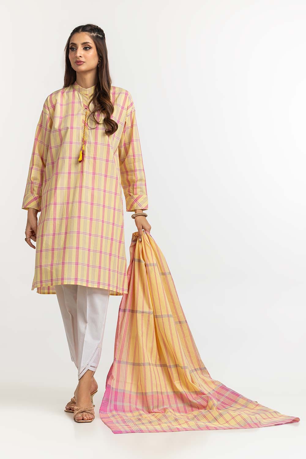 Dyed Cotton Yarn Dyed Embelished Shirt With Dupatta