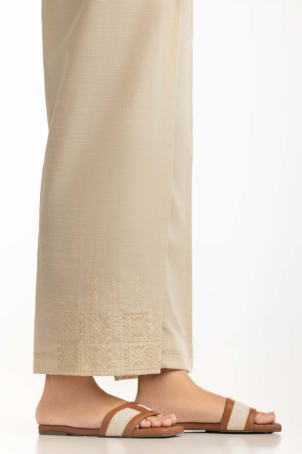 Beige Khaddar Embroidered Trouser