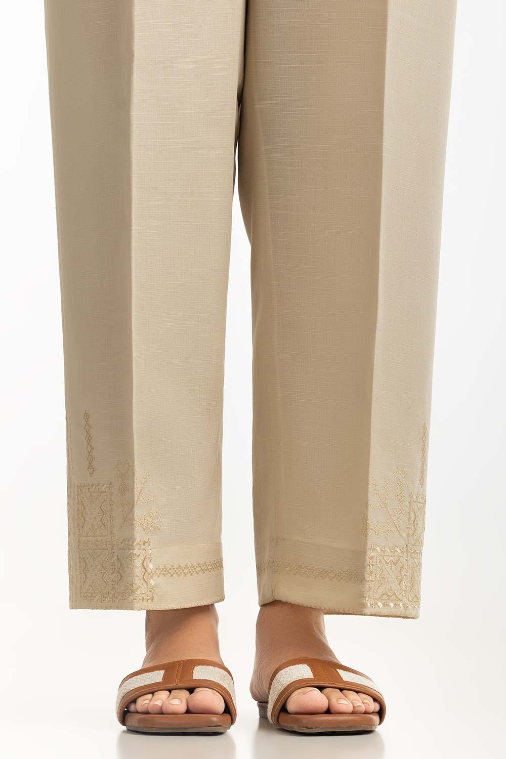 Beige Khaddar Embroidered Trouser